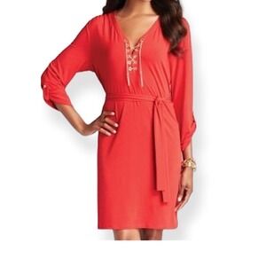 Michael Kors Coral Dress Gold Chain‎ Lace Up Detail Roll Tab Sleeve